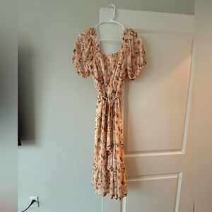 Luxology Beige Floral Maxi Dress with Puff Sleeves